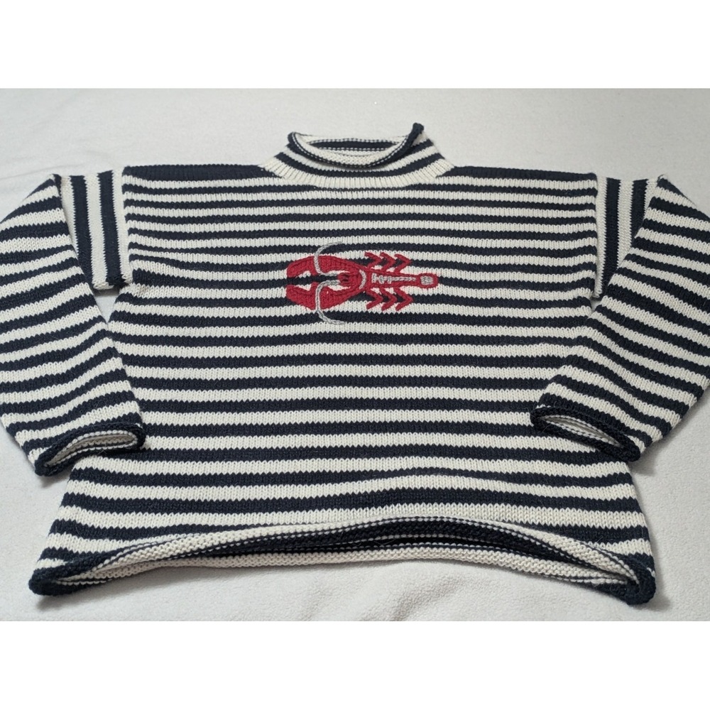 American South Side Striped Lobster Sweater Navy White Alpaca Wool Blend Women L